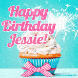 A festive cupcake with pink icing, a gingham bow, and a lit animated sparkler, paired with 'Happy Birthday Jessie!' in bright pink text.