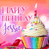 A vibrant birthday GIF featuring a rainbow-colored cupcake topped with white frosting, sprinkles, and a lit candle. The text reads 'Happy Birthday Jessie' in bold pink and violet letters with white outline.