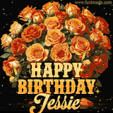 Animated bouquet of orange roses with moving butterfles and golden 'Happy Birthday Jessie' text, surrounded by sparkling accents and a dark backdrop for a luxurious feel.