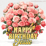 Golden 'Happy Birthday Jessie' text beneath a vibrant bouquet of orange roses, complete with glittering butterflies and sparkling details.