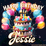 Bright birthday animation for Jessie with a chocolate cake, candles, balloons, and glowing celebratory lights.