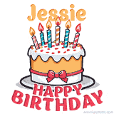 Cartoon birthday cake with a red bow, glowing candles, and 'Jessie Happy Birthday' text in bold animated style.