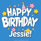 Colorful animated birthday card with the text 'HAPPY BIRTHDAY Jessie!' in a white playful font surrounded by stars, hearts, and a party hat on a blue background.
