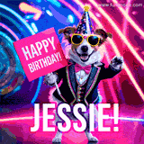 Animated GIF of a cool dog wearing a suit and sunglasses, holding a 'Happy Birthday' sign for Jessie, set against a bright and colorful neon party background.