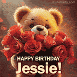 Cinematic style cute animated teddy bear with charming features holding a large bouquet of red roses, the words say 'Happy Birthday Jessie' in sans serif font.