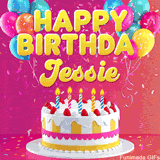 Pink-themed animated greeting with balloons, confetti, and a frosted cake under the message 'Happy Birthday Jessie' in bold rounded yellow font.