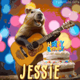 Animated birthday GIF showing a capybara playing guitar and singing beside a birthday cake with the name Jessie in large letters and colorful bokeh lights in the background.