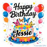 An animated birthday card for Jessie. It features a festive cake with her name, 'Jessie', and colorful butterflies. Floating balloons and hearts complete the joyful scene.