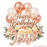 Beautiful pink and peach roses with gently moving Happy Birthday Jessie text