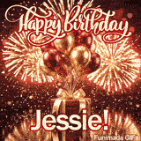 Shimmering animated card featuring spectacular golden fireworks and the name Jessie for her birthday celebration.