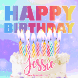 A vibrant animated name GIF with the words 'Happy Birthday Jessie' with colorful candles on a creamy cake. The background sparkles with pastel shades, adding a festive touch.