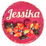 Beautifully decorated red velvet berry birthday cake with vibrant fruits and a glowing 'Jessika' name, adding a touch of sweetness and sparkle.