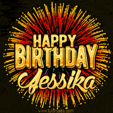 Golden 'Happy Birthday Jessika' text accompanied by animated rainbow fireworks for a festive animated greeting.