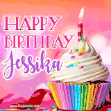 A vibrant birthday GIF featuring a rainbow-colored cupcake topped with white frosting, sprinkles, and a lit candle. The text reads 'Happy Birthday Jessika' in bold pink and violet letters with white outline.