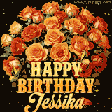 Animated bouquet of orange roses with moving butterfles and golden 'Happy Birthday Jessika' text, surrounded by sparkling accents and a dark backdrop for a luxurious feel.