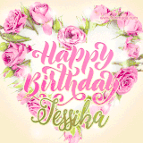 A stunning heart made of pink roses surrounds the elegant script text 'Happy Birthday Jessika' on a soft beige background. Animated sparkles add a magical and festive feel.