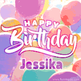 A vibrant name GIF featuring colorful balloons in shades of pink, orange, and yellow with the bold text 'Happy Birthday Jessika' in festive fonts, creating a lively birthday vibe.
