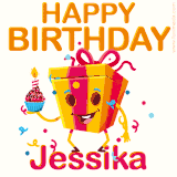A vibrant and funny gift box character with a happy face dancing with a cupcake and the text 'Happy Birthday Jessika,' surrounded by animated confetti and party vibes.
