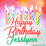 Bright birthday candles with rainbow flames on a cake, alongside the text 'Happy Birthday Jesslynn' in vibrant script in this celebratory animated GIF.