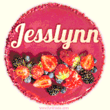 Beautifully decorated red velvet berry birthday cake with vibrant fruits and a glowing 'Jesslynn' name, adding a touch of sweetness and sparkle.