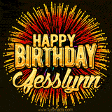 Golden 'Happy Birthday Jesslynn' text accompanied by animated rainbow fireworks for a festive animated greeting.