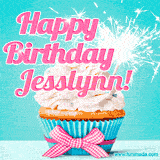 A festive cupcake with pink icing, a gingham bow, and a lit animated sparkler, paired with 'Happy Birthday Jesslynn!' in bright pink text.