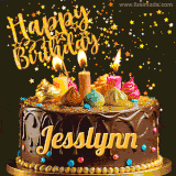 A delightful chocolate birthday cake with bright candles and 'Happy Birthday Jesslynn' written in gold amidst a shower of animated stars.