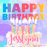 A vibrant animated name GIF with the words 'Happy Birthday Jesslynn' with colorful candles on a creamy cake. The background sparkles with pastel shades, adding a festive touch.
