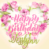 A stunning heart made of pink roses surrounds the elegant script text 'Happy Birthday Jesslynn' on a soft beige background. Animated sparkles add a magical and festive feel.