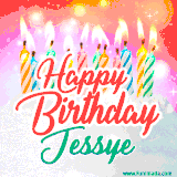 Bright birthday candles with rainbow flames on a cake, alongside the text 'Happy Birthday Jessye' in vibrant script in this celebratory animated GIF.
