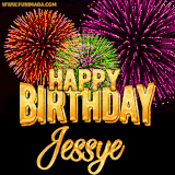 A golden 'Happy Birthday Jessye' message with vibrant fireworks in the background, creating a festive and celebratory vibe in this animated name GIF.