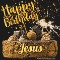 Celebrate Jesus's birthday with a GIF featuring chocolate cake, a lit sparkler, and golden stars