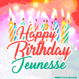 Bright birthday candles with rainbow flames on a cake, alongside the text 'Happy Birthday Jeunesse' in vibrant script in this celebratory animated GIF.