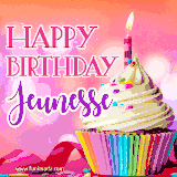 A vibrant birthday GIF featuring a rainbow-colored cupcake topped with white frosting, sprinkles, and a lit candle. The text reads 'Happy Birthday Jeunesse' in bold pink and violet letters with white outline.