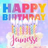 A vibrant animated name GIF with the words 'Happy Birthday Jeunesse' with colorful candles on a creamy cake. The background sparkles with pastel shades, adding a festive touch.