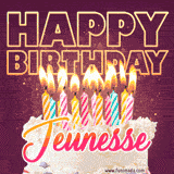 A colorful birthday cake topped with lit candles, with the words 'Happy Birthday Jeunesse' in bold glowing letters on a burgundy background. Animated flames add a festive touch.