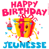 A vibrant and funny gift box character with a happy face dancing with a cupcake and the text 'Happy Birthday Jeunesse,' surrounded by animated confetti and party vibes.