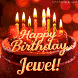 Beautifully decorated red velvet berry birthday cake with vibrant fruits and a glowing 'Jewel' name, adding a touch of sweetness and sparkle.