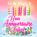 A white birthday cake covered in colorful sprinkles, topped with bright candles, and French text 'Bon Anniversaire Jewel' on a pastel gradient background in an animated GIF.