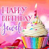 A vibrant birthday GIF featuring a rainbow-colored cupcake topped with white frosting, sprinkles, and a lit candle. The text reads 'Happy Birthday Jewel' in bold pink and violet letters with white outline.