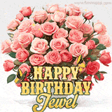 Golden 'Happy Birthday Jewel' text beneath a vibrant bouquet of orange roses, complete with glittering butterflies and sparkling details.