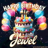 Bright birthday animation for Jewel with a chocolate cake, candles, balloons, and glowing celebratory lights.
