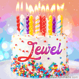 A cheerful white birthday cake with multicolor sprinkles, lit candles, and 'Jewel' written in vibrant letters, in an animated GIF.