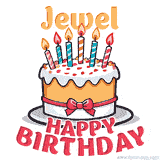 Cartoon birthday cake with a red bow, glowing candles, and 'Jewel Happy Birthday' text in bold animated style.