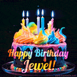 A mesmerizing animated cake with multicolor frosting and candles, and the words 'Happy Birthday Jewel' on the black background.