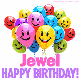 Animated colorful and joyful birthday balloons with cheerful smiles and a bright 'Happy Birthday Jewel!' message in pink and purple.