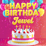 Pink-themed animated greeting with balloons, confetti, and a frosted cake under the message 'Happy Birthday Jewel' in bold rounded yellow font.