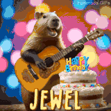 Animated birthday GIF showing a capybara playing guitar and singing beside a birthday cake with the name Jewel in large letters and colorful bokeh lights in the background.