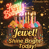 Multi-colored dollops of frosting and burning birthday candles on a chocolate glaze cake with a glowing pink neon topper, custom-designed for Jewel.