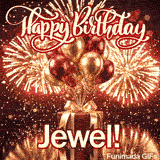 Metallic gold and burgundy balloons tied to a red gift box with a gold ribbon, custom-designed for Jewel.
